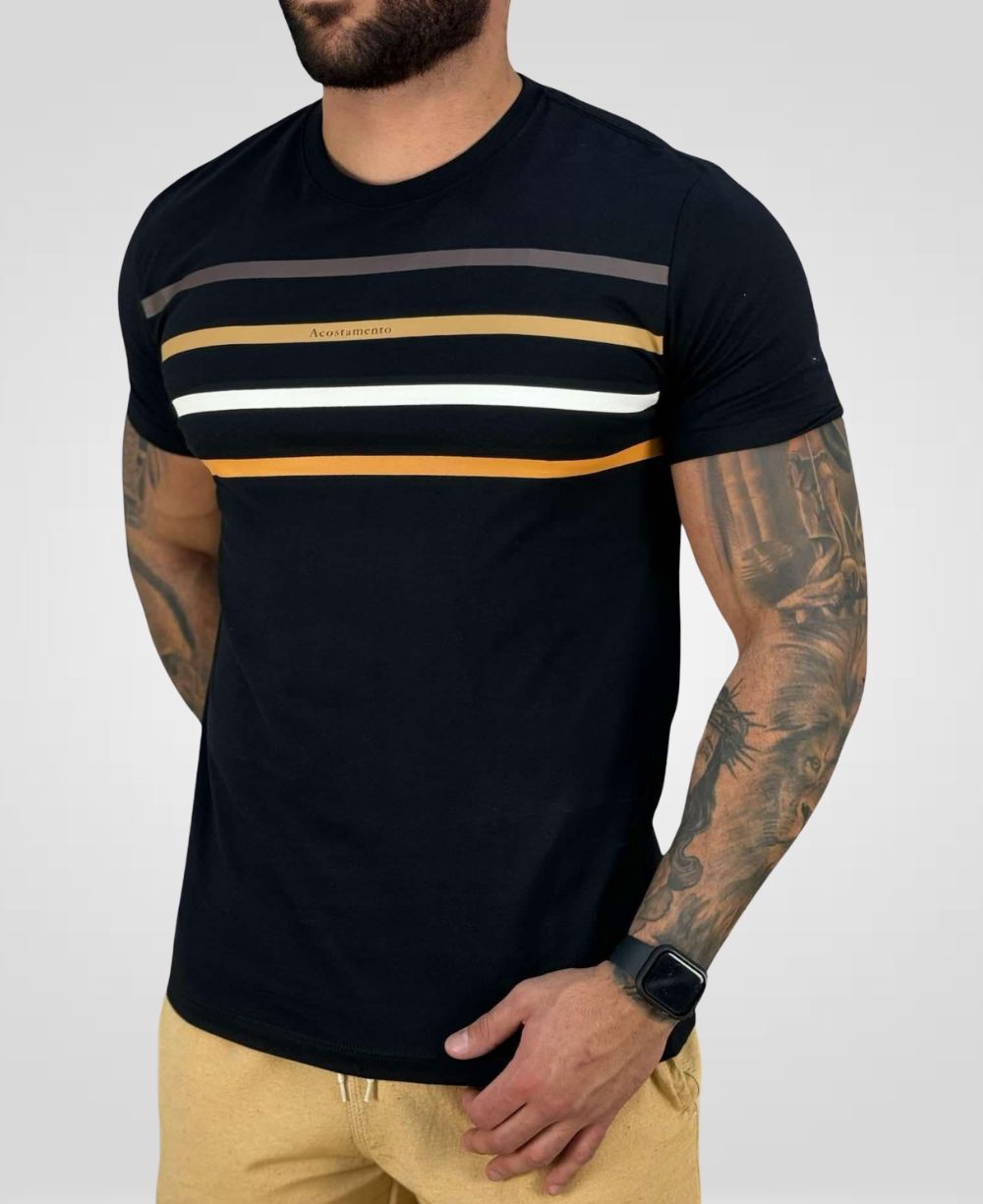 Camiseta Negra Casual Masculina Líneas de Colores - Acostamento