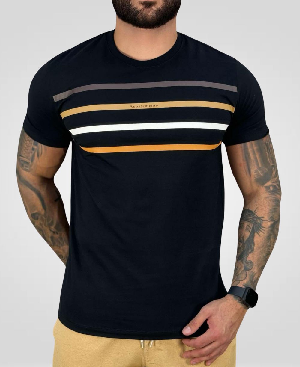 Camiseta Negra Casual Masculina Líneas de Colores - Acostamento