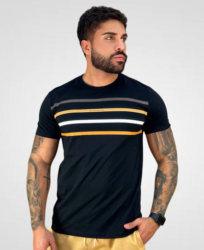 Camiseta Negra Casual Masculina Líneas de Colores - Acostamento