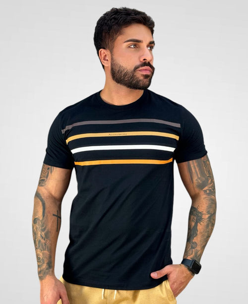 Camiseta Negra Casual Masculina Líneas de Colores - Acostamento